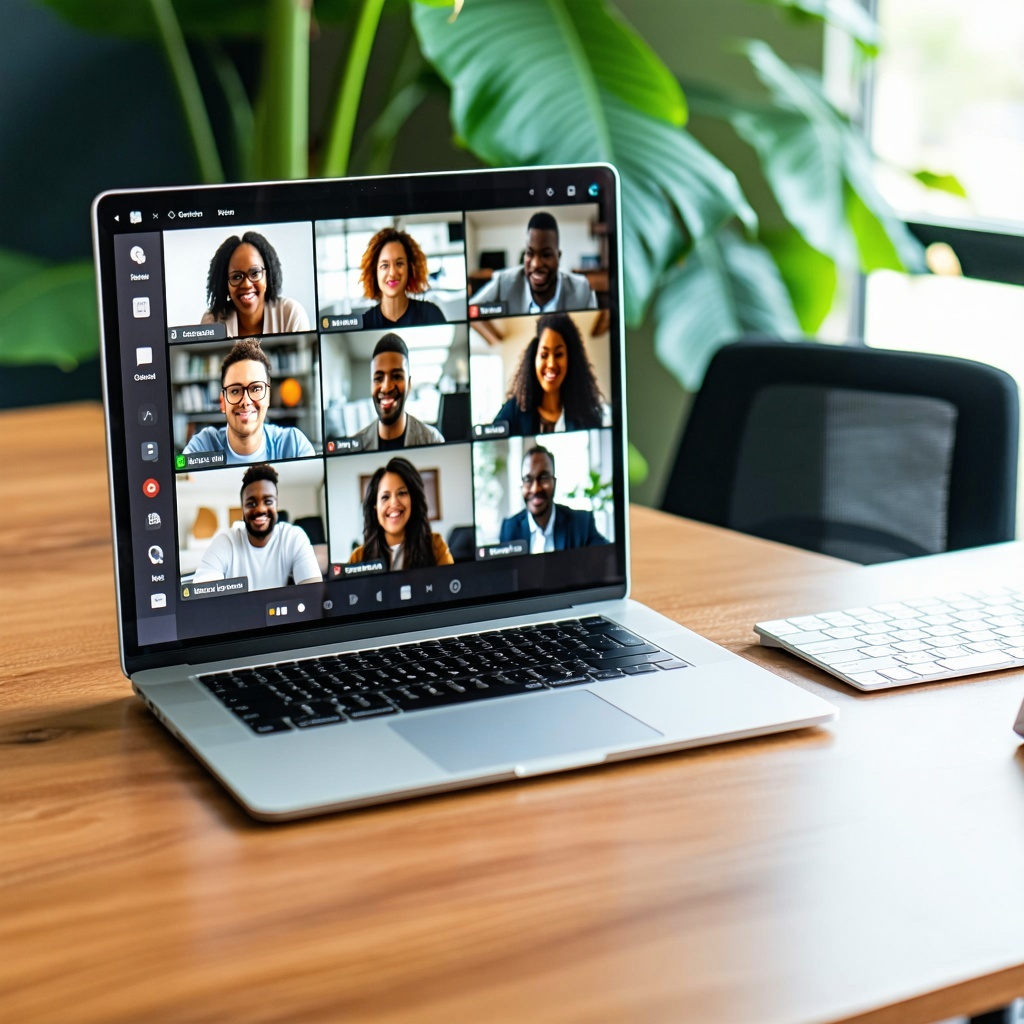 laptop on desk showing virtual meeting with several participants